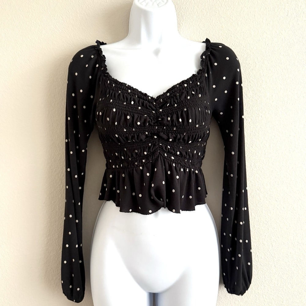 Urban Outfitters Peasant Blouse Womens XS Black Polka Dot Milkmaid Whimsigoth